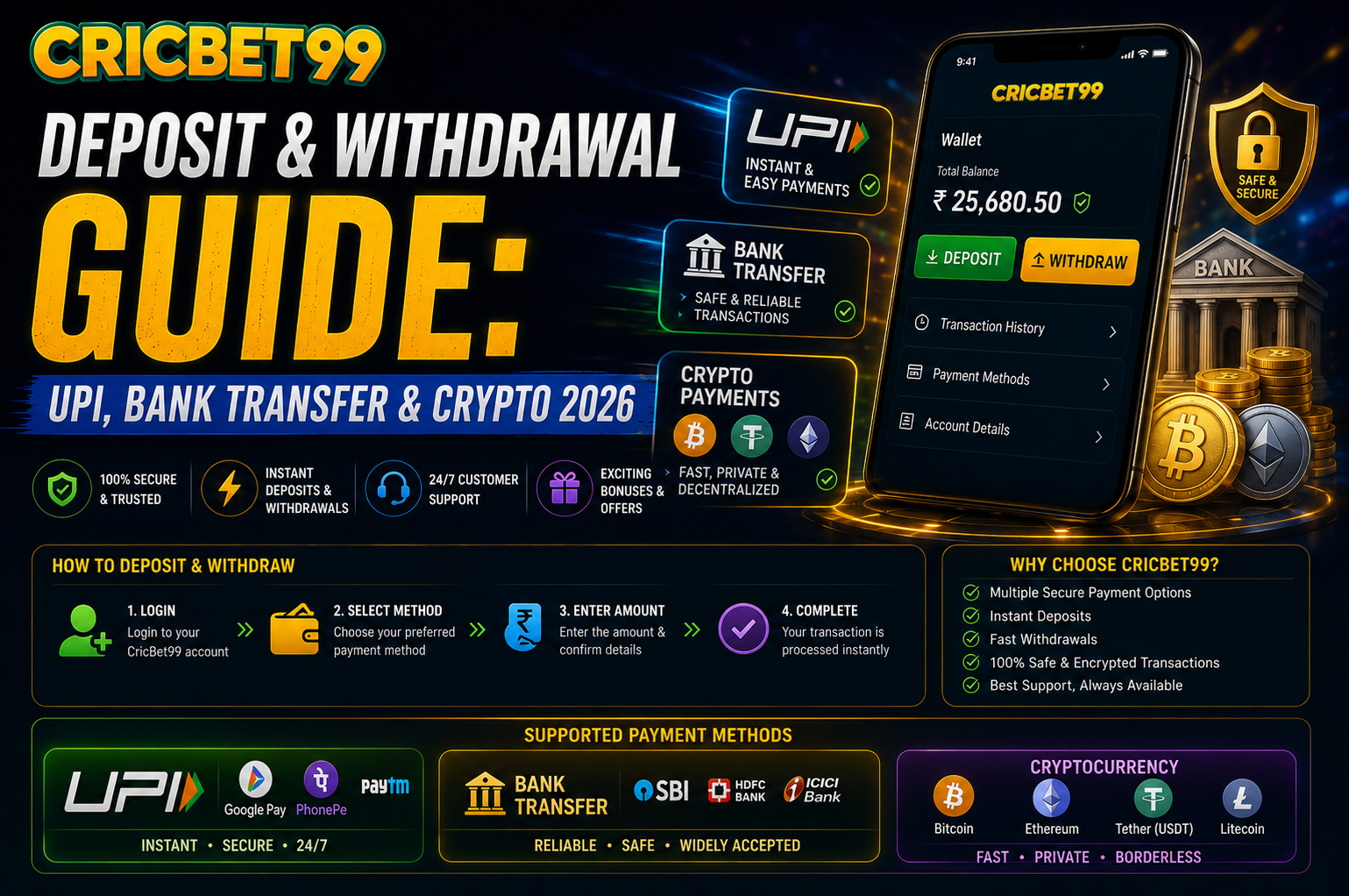 CricBet99 Deposit & Withdrawal Guide: UPI, Bank Transfer & Crypto 2026