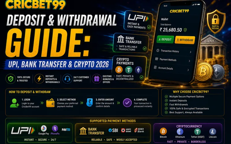 CricBet99 Deposit & Withdrawal Guide: UPI, Bank Transfer & Crypto 2026